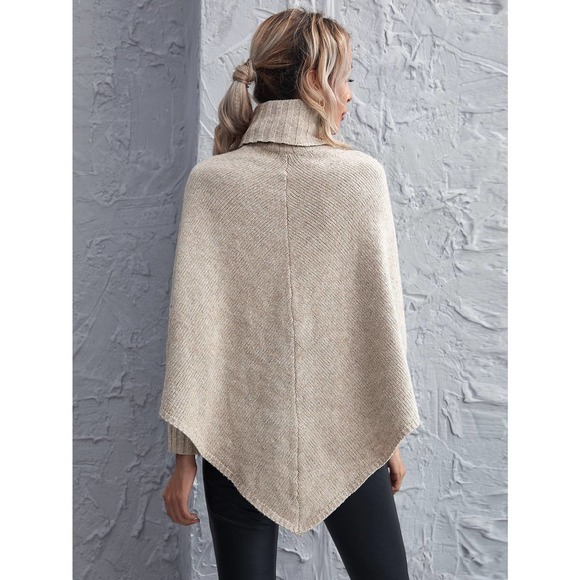 Turtleneck Asymmetrical Hem Poncho Sweater tan boho - Picture 2 of 5